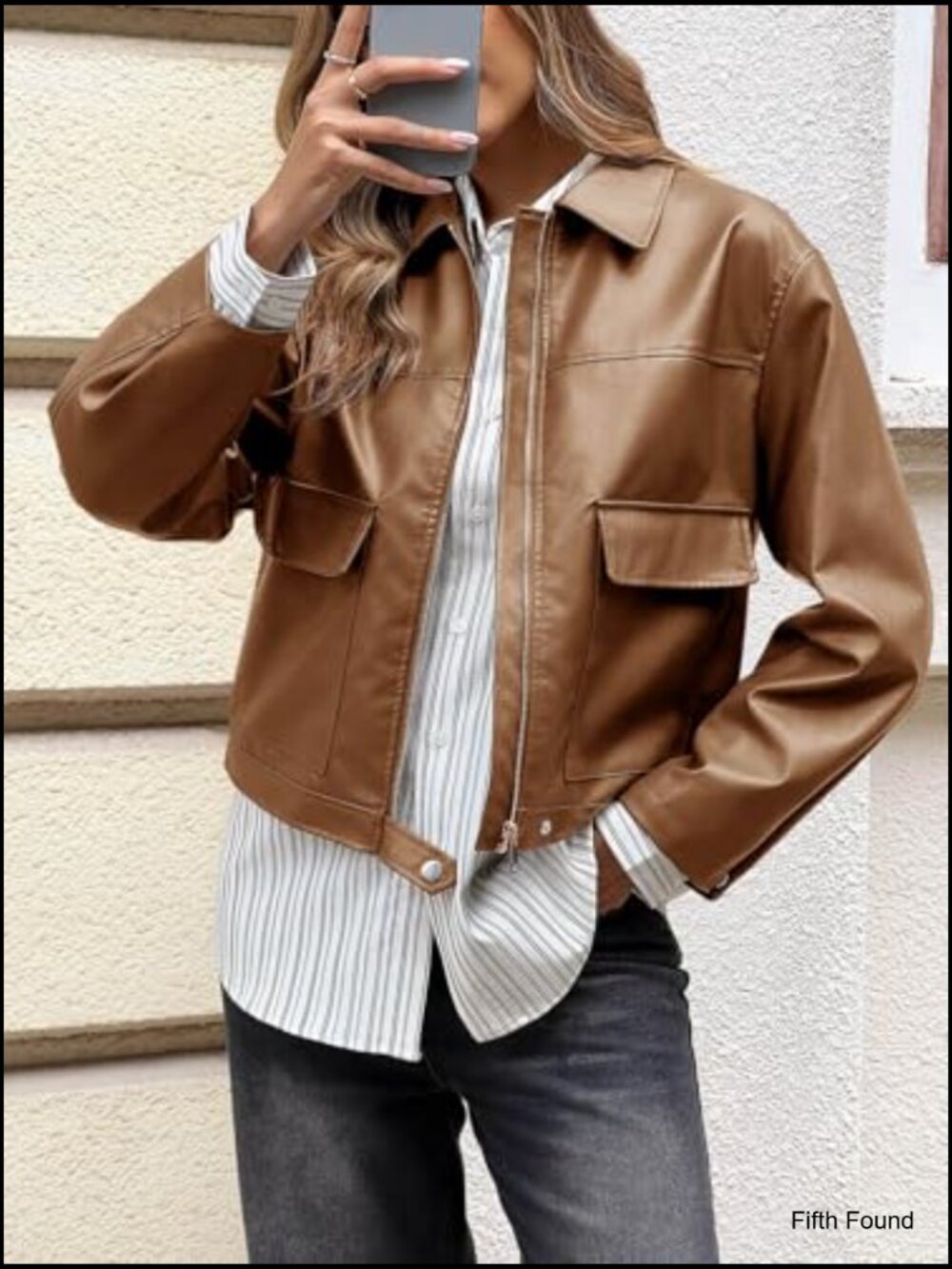 Faux Leather Cropped Bomber Jacket Zip Up Moto Coat - Picture 2 of 7
